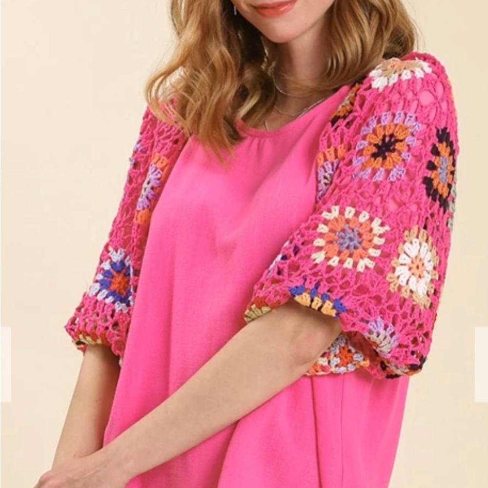 Bubblegum Pink Crochet Sleeve Top - Large